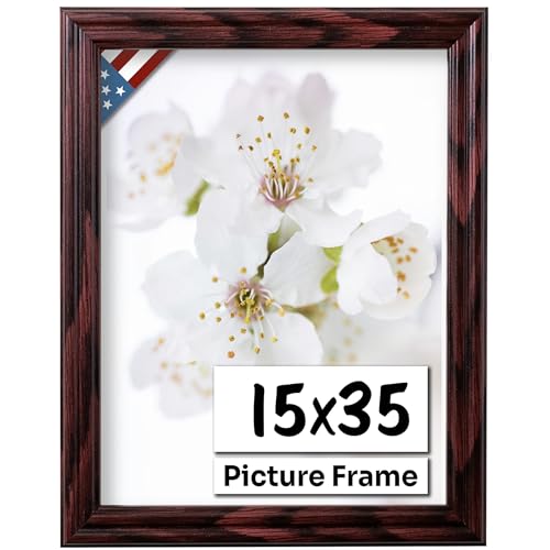 Cherry 15x35 Picture Frame .75" Inch Wide - Cherry Wall Decor Handmade Solid Wood Frames with Preinstalled Hangers and UV Blocking Plexiglass 35x15 Frame