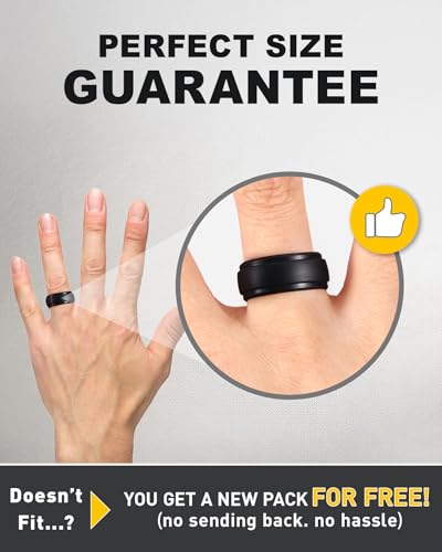 Image of Egnaro Men's Silicone Wedding Rings: Classic Black Step Edge Rubber band 10mm Wide 2.5mm Thick- Hypoallergenic for Gym /Outdoor /Gift(1 /4 /7 Variety Pack with Half Size)