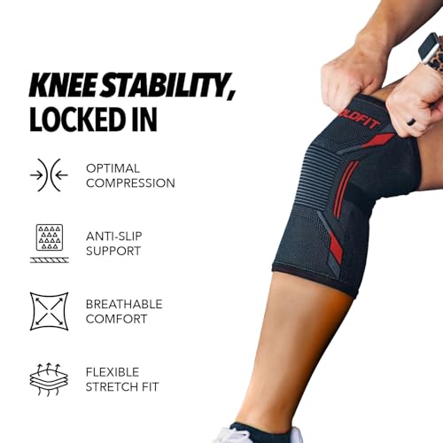 Image of Boldfit Orthopedic Knee Caps for Men & Women Knee Support for Pain Relief, Gym, Running, Arthritis & Workouts Anti-Slip Knees Sleeves for Squats, Sports, Badminton, Black Red- M