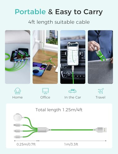 Image of 2Pack Multi Charging Cable for Apple Watch Charger 4 in 1 Travel Essentials RV Camping Essentials USB C /L /Micro Compatible with iWatch Series 11-1 /iPhone 17 /16 /15 /Android Airplane Gadgets-4FT /Green