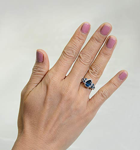 Image of 925 Sterling Silver Ring Genuine Gems Pear Shape 9x6 mm with Bezel-set Accented Gems, Rhodium-Plated Finish