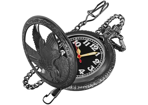 Realpoo Black Hollowed Out Eagle Quartz Men's Pocket Watch, Arabic