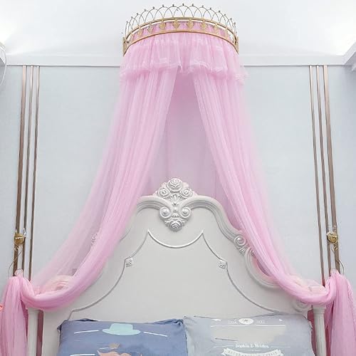 Fabric Bed Drapes Mesh Protection Canopy Shielding Netting, King Size Queen Twin Size Mosquito Net Canopy，Elegant Princess Mesh Veil Bed Canopy with Modern Crown - Luxurious Court Drapery fo