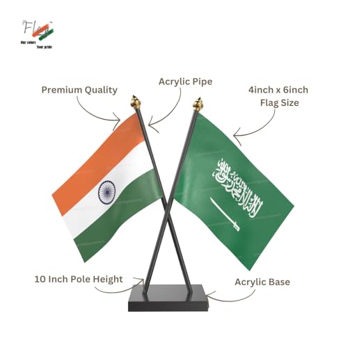 Image of The Flag Company Country Cross Table Desk Flags on Acrylic Base with Poles (Length: 10 inches) | Use for Home & Office,Conference (Saudi Arabia)