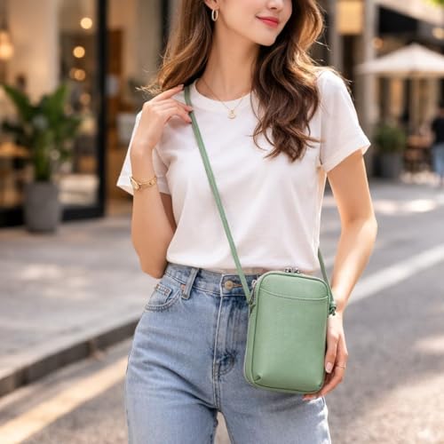 Bolsa tiracolo feminina de couro genuíno - Bolsa de ombro vertical minimalista com zíper, serve para smartphone, batom, carteira e itens essenciais do dia a dia, verde