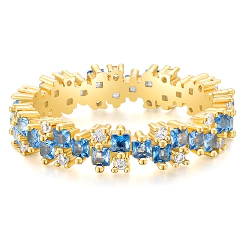 14K Gold Plated Eternity Ring Band for Women Princess Cut Created Blue Aquamarine CZ Stackable Wedding Promise Rings for Her Size 4-11