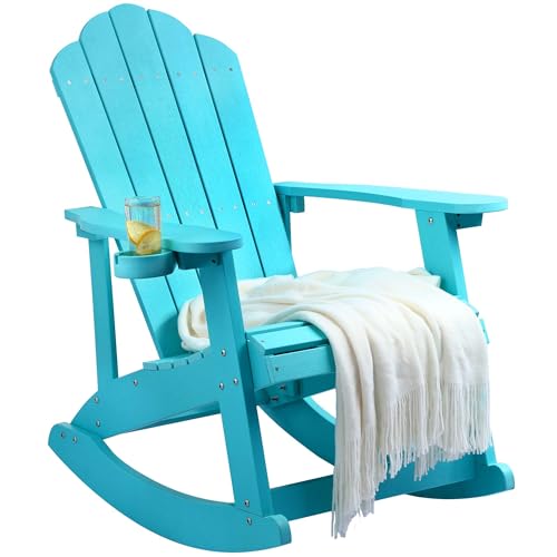 YITAHOME Outdoor Rocking Adirondack Chair, Heavy Duty Plastic Rocking Chairs with Rotatable Cup Holder, Oversized Rocker Chair for Garden Lawn Yard Patio Deck Backyard Pool Porch Beach Fire
