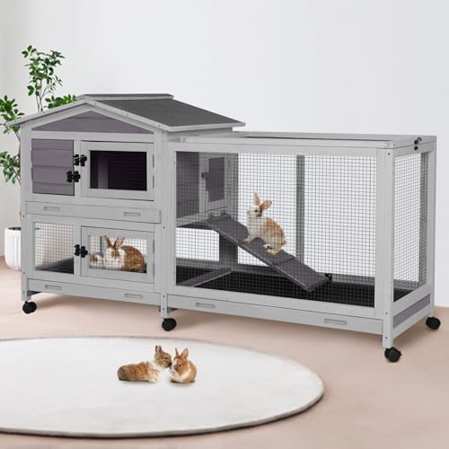 Suumerpety 62' Rabbit Hutch with Chew-Proof Ramp & Waterproof Roof - Indoor/Outdoor Bunny Cage, 2-Story Design, 6 Lockable Caster Wheels & Dual Pull-Out Trays (Grey)