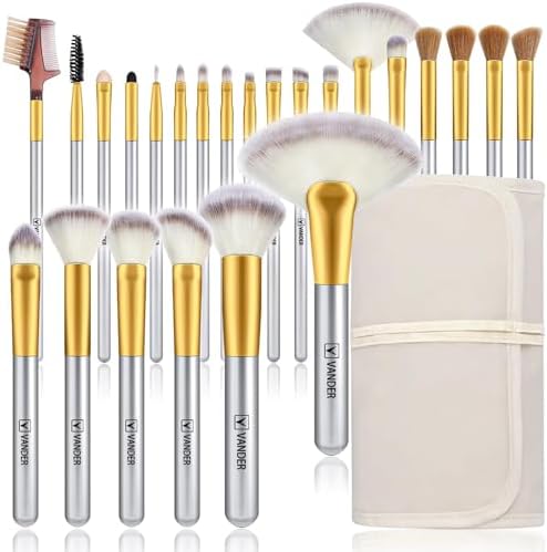 VANDER Makeup Brushes, 24Pcs Premium Synthetic Fiber&Wooden Handle Travel Makeup Brush Set, Foundation Powder Concealers Eye Shadows Blush Make up Brushes for Women, Girl, with Cosmetic Bag, Champagne