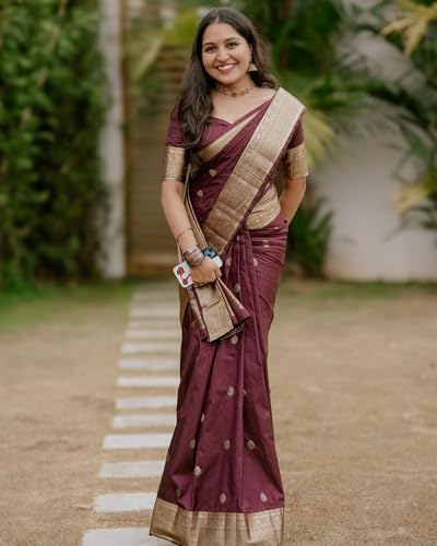 Image of Sugathari Women's Maroon Banarasi Kanchipuram Art Silk Saree for Women - Traditional Wedding & Party Saree with Blouse Piece - Ethnic Indian Silk Saree for Bridal, Festive (KS-156)