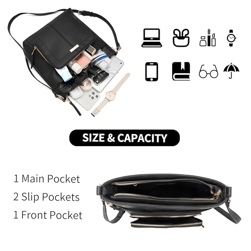 Crossbody Bag for Women Black PU Leather Square Multi-pocket Shoulder Fashion Message Bag wih Mini Zipper Wallet Purse4