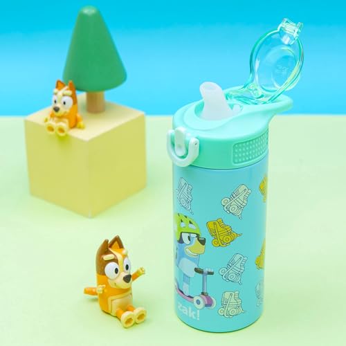 Image of Zak Designs Bluey Sage Kids Water Bottle For School or Travel, 14oz Stainless Steel Water Bottle With Straw, Handle, and Leak-Proof, Pop-Up Spout Cover (Bluey & Bingo)