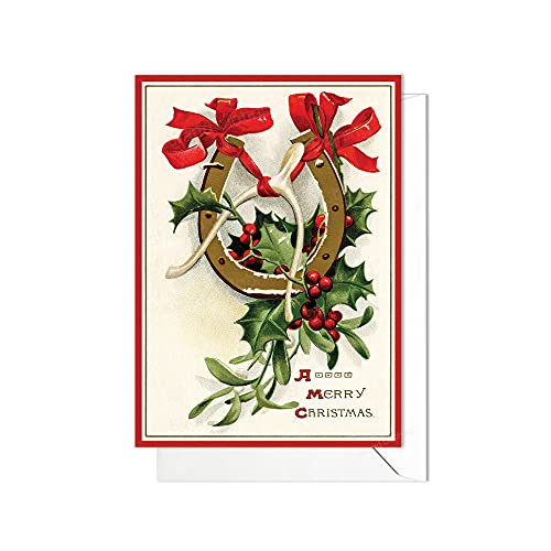 Biglietto di auguri di Natale con busta, stile vintage retrò vittoriano edoardiano unico (ferro di cavallo e bacchetta di cavallo)