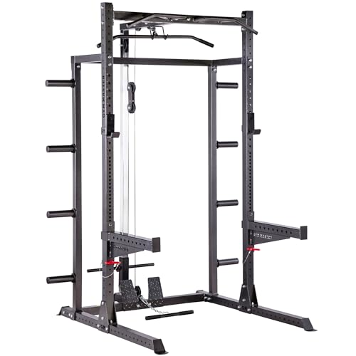 GYM MASTER GM2 Half Power Rack Squat Cage with Optional Cable Pulley System Weight Storage and Spotters - GM2 Half Rack + Cable Pulley System + Storage + Spotters