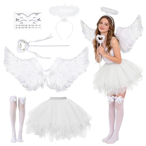 Engel Kostüm Damen, 6 Stück Engelsflügel Weiß Kostüm, Kostüm Engel Damen, Engelskostüm mit 80cm Engel Flügel, Tütü Rock, Heiligenschein,...
