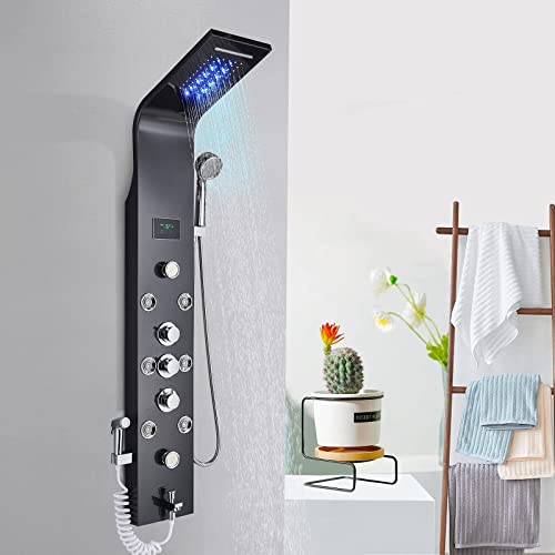 Saeuwtowy-Columna-de-Hidromasaje-Panel-de-Ducha-Negro-LED-Multifuncion-LCD-pantalla-de-temperatura-8-boquillas-de-masaje-con-pistola-de-pulverizacion