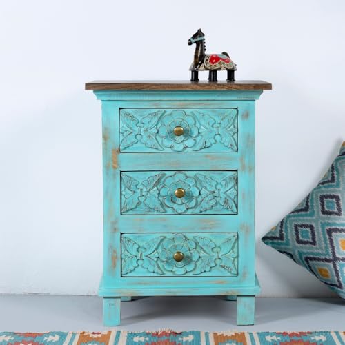 Image of Wooden Bedside Table for Bedroom | Solid Wood Phena Bedside Table with Drawers | Corner Side Table for Living Room | Traditional Handcrafted Furniture for Home Decor (Light Blue Distress)