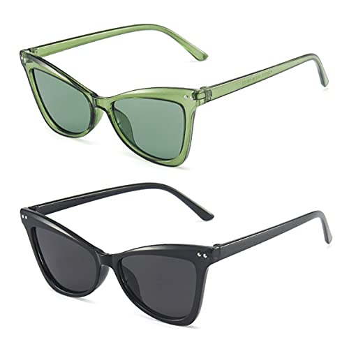 Sunglasses for Women Cat Eye Sunglasses Pink Trendy Sunglasses Cool Black Oversized Vintage Fashion Cateye 90s Sunglasses Bulk Green (Black+Green)