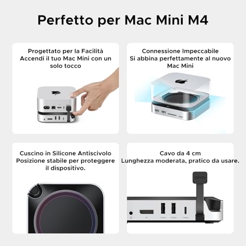 Docking Station Compatibile con Mac Mini M4 e M4 Pro Hub USB C Supporto con Alloggiamento M.2 NVME SSD DisplayPort 4K 240Hz 144Hz USB 3.2 4A1C 10Gbps SD TF Slot 3.5mm Aux - Hub USB - Immagine 4