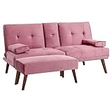 Meilocar Sofa Bed Velvet Futon Couch, 60' Loveseat Futon Sofa Bed with Removable Ottoman 2 Armrests, Adjustable Reliner Guest Bed Daybed for Small Space, Cup Holders, 3 Angles, Pink
