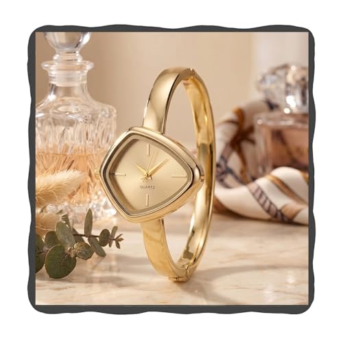Image of Shocknshop Analog Triangle Dial Bangle Ladies Gold Tone Cuff Bracelet Strap Ladies Minimalist Quartz Watch for Woman -WCH192