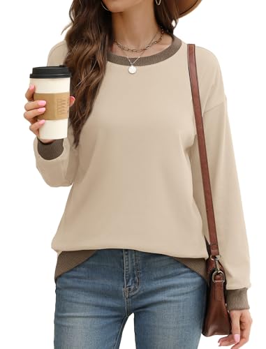 Saloogoe Soft Sweatshirts for Women Fall Shirts 2025 Color Block Lightweight Sweaters Khaki S