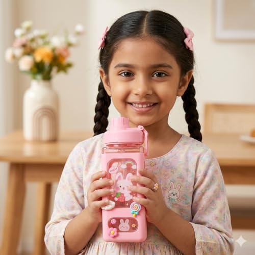 Image of Aider Water Bottle With Straw & Sticker,Kawaii Bear Water Bottle,Large Sport Plastic Portable Square Drinking Bottle For Girl,Cute Juice Tea Water Cups 700ml (pack of-1)