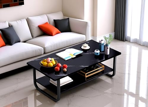 Image of Coffee Table 2 Tier, Storage Open Shelf Metal Base Marble Look Pattern Engineered Wood Center Table for Living Room, Industrial Farmhouse Metal Rectangle Cocktail Table (Black)