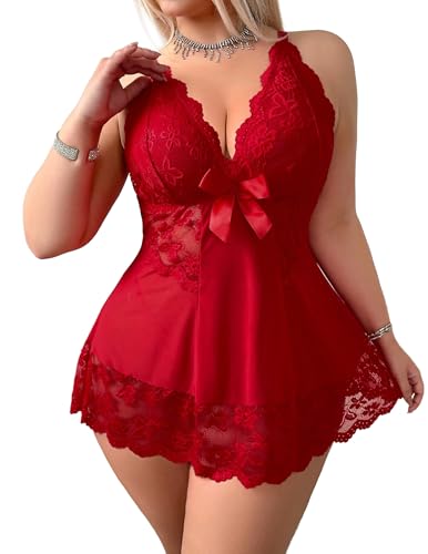 Image of Alrovetoney Women Plus Size Babydoll Lingerie Lace Chemise Mesh Sleepwear Strappy Sexy Nightgown Boudoir Outfit L-4XL