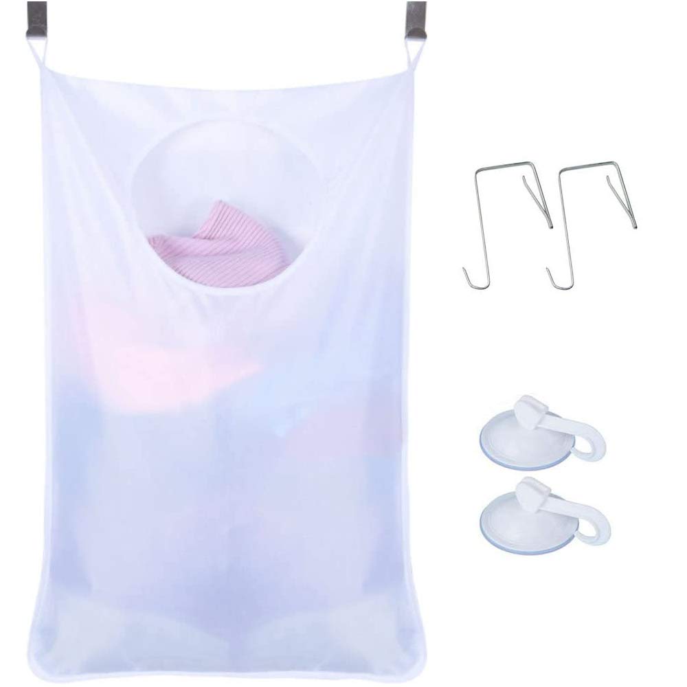 Uniuooi Door-Hanging Laundry Hamper Bag White, Foldable & Space Saving Corner Laundry Organiser with 2PCS Stainless Steel Door Hooks 2PCS Suction Hooks