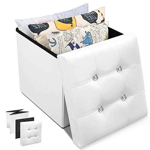 Chuvian Taburete Almacenaje, Cuero Sintético Reposapiés con Tapa, Plegable para Almacenamiento Ottoman y Asiento, Muebles Cúbico Moderno para Oficina y Hogar Salón 38 x 38 x 38 cm (Blanco) Cover