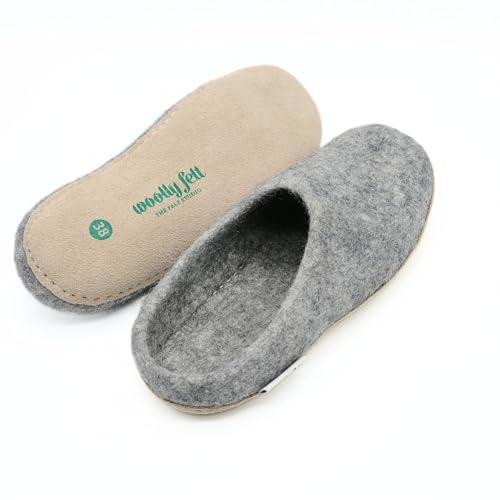 Natural Gray Wool Indoor Slippers, Genuine Suede Leather Sole Slip Ons, Soft And Breathable Slides2