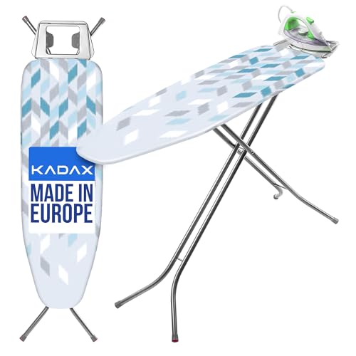KADAX Table à Repasser 120 x 38 cm, Planche Pliable avec Housse en Coton, Support de Fer Intégré, Pieds Antidérapants et Reglable Hauteur (Bleu)