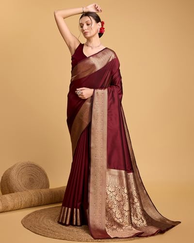 Image of SWORNOF Women's Silk Kanjivaram Kanchipuram Saree With Blouse Piece
