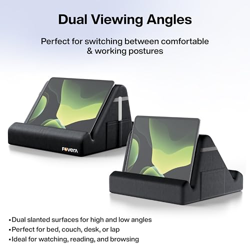 Image of FOVERA Tablet Pillow Stand | Soft Multi-Angle Lap Stand for 7-13 inch Tablets & Phones | Hands-Free Tablet Stand for Bed, Sofa & Travel | Lightweight, Portable with Side Pockets (Black)