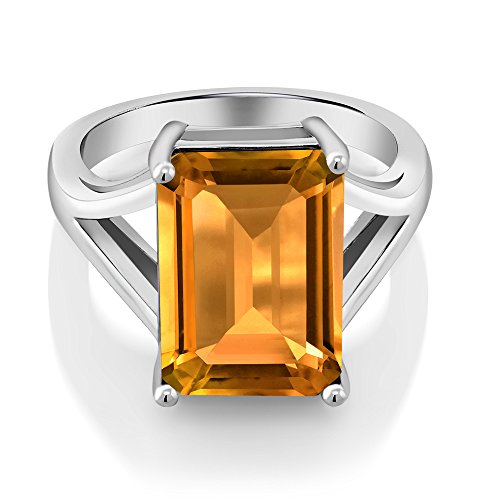 Gem Stone King 925 Sterling Silver Yellow Citrine Solitaire Engagement Ring For Women (8.20 Cttw, Emerald Cut 14X10Mm, Gemstone Birthstone, Available 5,6,7,8,9) (Size 7) #TOP1