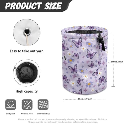 Image of Sellikakes Purple Butterfly Yarn Bag Crochet Storage Organizer, Knitting Crochet Storage Bag for Crocheting Project, Store Skein Ball, Short Knitting Needle Sewing Supplies Accessories