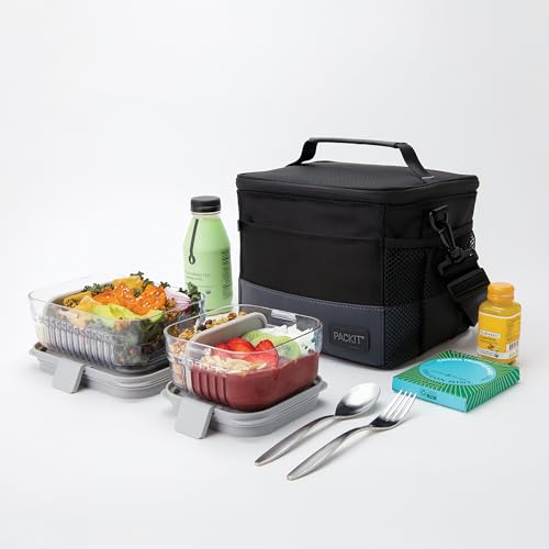 PackIt Lancheira congelável, preta/cinza, projetada com tecnologia ECOFREEZE+: proteção de camada tr