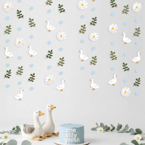 Image of Blue Silly Goose 3D Daisy Flower Leaf Polka Dot Hanging Streamer Garland Banner for Silly Goose Theme Birthday Wedding Shower Bridal Shower Spring Summer Themed Party Decorations Supplies