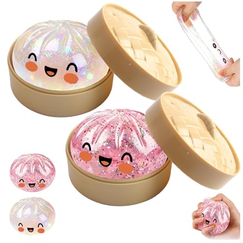 Géant Paillettes Squishys Ravioli, Boulette Bao Anti-Stress Presser avec Cuiseur Vapeur, Glitter Dumpling Squishy, Squishys De Boulettes Mystère,Jouets Anti-Stress pour Enfant Adulte（Rose+Transparent）