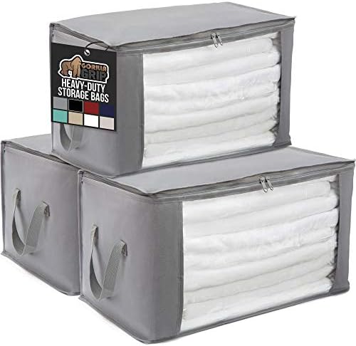 Gorilla Grip Large Capacity 3 Pack Clothes Storage Bag Organizer, 90L, Reinforced Handles, Thick Fabric for Blankets, Bedding, Clothing, Foldable Zipper Container Bags, Clear Window Closet Totes, Gray