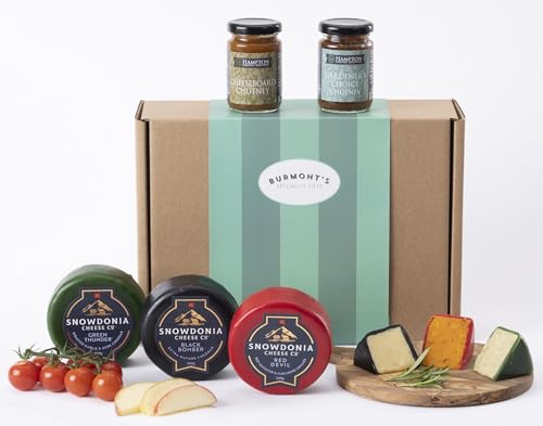 Snowdonia Cheese Company Gift Hamper Containing Three 200g Truckles - Little Black Bomber Red Devil & Green Thunder. Also Includes Two Chutneys - Hamper Exclusive To Burmonts