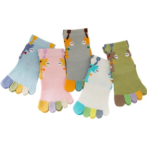 5 Pairs Kids Toe Socks Cute Animal Giraffe Cotton Socks Five Finger Ankle Socks for Boys Girls 3-12 Years