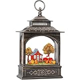 Fall Snow Globe Lantern, 6H Timer Lighted Snow Lantern, Plug-in & Battery Operated Red Truck Snow Globe Thanksgiving Decorations Fall Decor