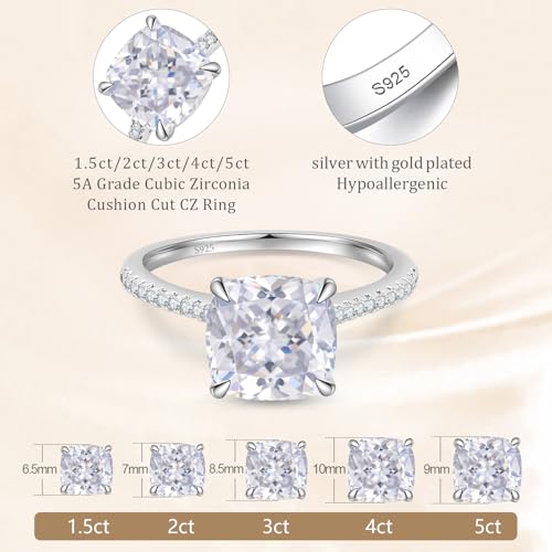 BAGUTTA PAVONE 1.5CT CZ Cushion Cut Engagement Rings for Women,Women’s 925 Sterling Silver Solitaire Wedding Bands Engagement Promise Rings for Her with 18K White Gold Plated Size 7.5 - image 2