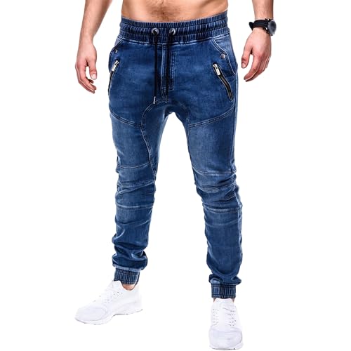 Drawstring Waist Skinny Jeans for Men Casual Stretch Regular Male Washed Jean Slim Fit Comfy Tapered Denim Pants