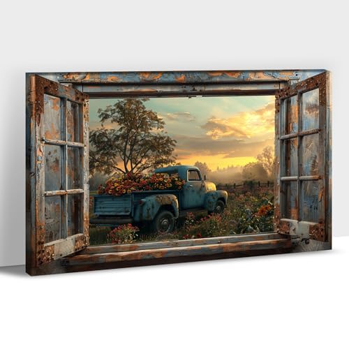 Rustic Farmhouse Decor Open Window Canvas Wall Art Prints, Old