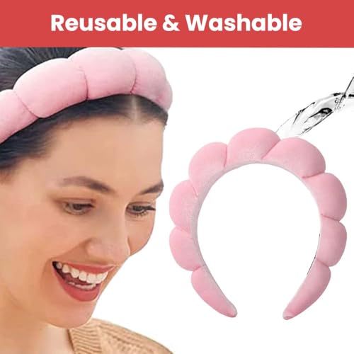 Image of TEMPERIA Makeup Headband Wristband Set for Women & Girls | Hair Band for Facial Time | Head Bands Skincare Hairband for Spa | 3 Pieces Set | Pink