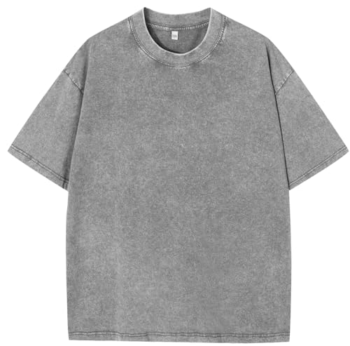 Camiseta Vintage de Verano de Algodón para Hombres Grande tee Casual de Manga Corta Neutra Camiseta Lavada con Ácido(XXL,B-Gris)