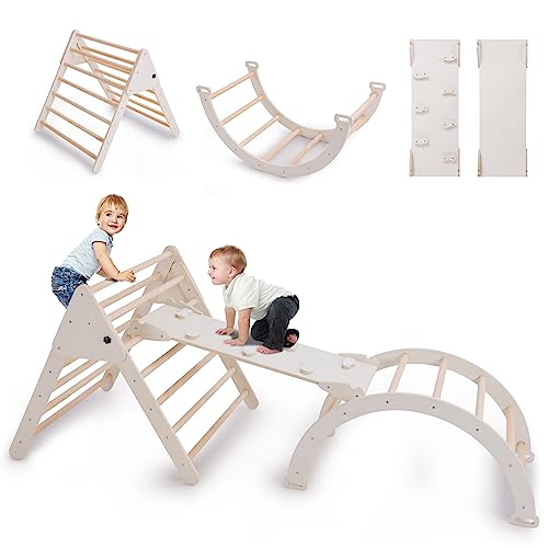 Image of RMHDSLF Pikler Triangle Set 5 in 1, Foldable Montessori Climbing Set with Arch, Ramp, and Climbing Triangle, Wood Toddler Climbing Toys Indoor,Climbing Toys for Toddlers 2-6 Inside - Natural.